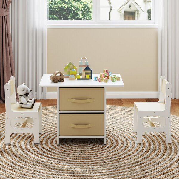 Costway Set di tavolo e 2 sedie bambini, Set di scrivania da 3 pezzi con ceste portaoggetti rimovibili per stanza giochi Beige e Bianco