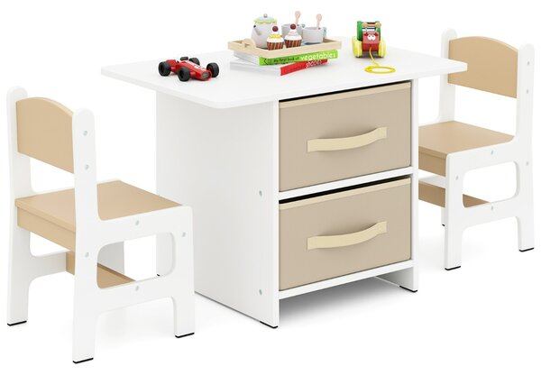 Costway Set di tavolo e 2 sedie bambini, Set di scrivania da 3 pezzi con ceste portaoggetti rimovibili per stanza giochi Beige e Bianco