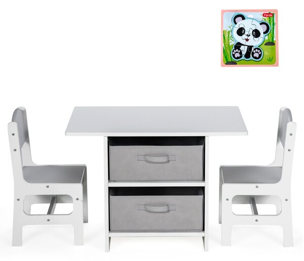 Costway Set di tavolo e 2 sedie bambini, Set di scrivania da 3 pezzi con ceste portaoggetti rimovibili per stanza giochi grigio