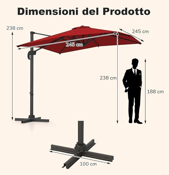 Costway Ombrellone da esterno con base a forma di x e palo in alluminio, Ombrellone rotante con 5 inclinazioni per giardino Rosso