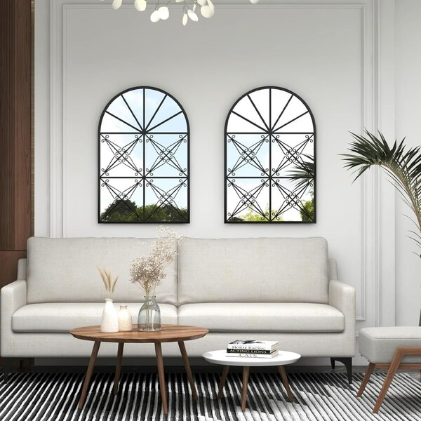 Costway Specchio decorativo a finestra ad arco con cornice in metallo, Decorazione a finestra per camera da letto e bagno Nero
