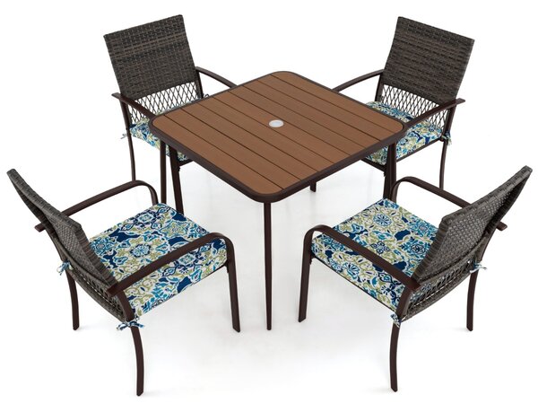 Costway Set da pranzo da esterno 5 pezzi per giardino, Set da pranzo in rattan con cuscini e tavolo quadrato Marrone