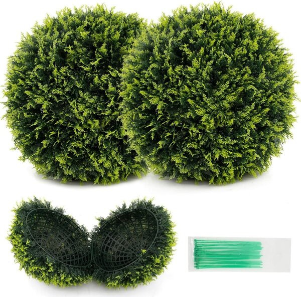 Costway Set di 2 sfere topiarie in cedro 50 cm con protezione solare, Palle decorative artificiali per giardino e casa