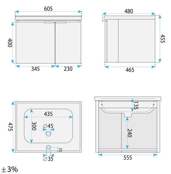 Set mobili da bagno con lavabo Nova DB06-60 60cm