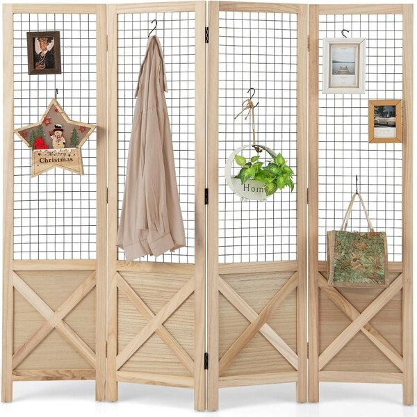 Costway Paravento a griglia 4 pannelli con schermo privacy pieghevole, Divisore decorativo in legno Naturale