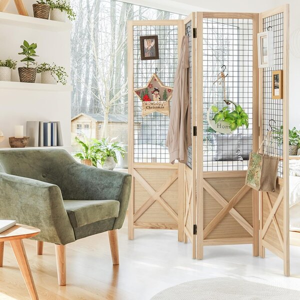 Costway Paravento a griglia 4 pannelli con schermo privacy pieghevole, Divisore decorativo in legno Naturale