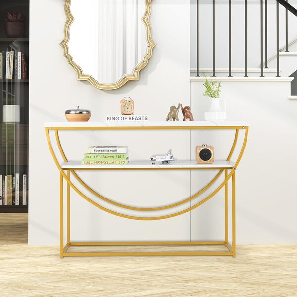 Costway Tavolo console a 2 ripiani con piano in marmo finto, Tavolo da divano extra lungo con struttura in metallo resistente Bianco + Oro