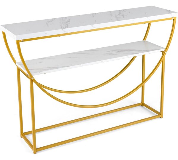 Costway Tavolo console a 2 ripiani con piano in marmo finto, Tavolo da divano extra lungo con struttura in metallo resistente Bianco + Oro