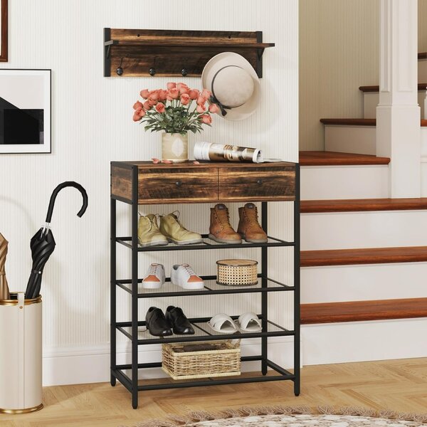 Costway Set appendiabiti con scarpiera a 5 ripiani con appendiabiti da muro, Mobili per camera da letto Marrone