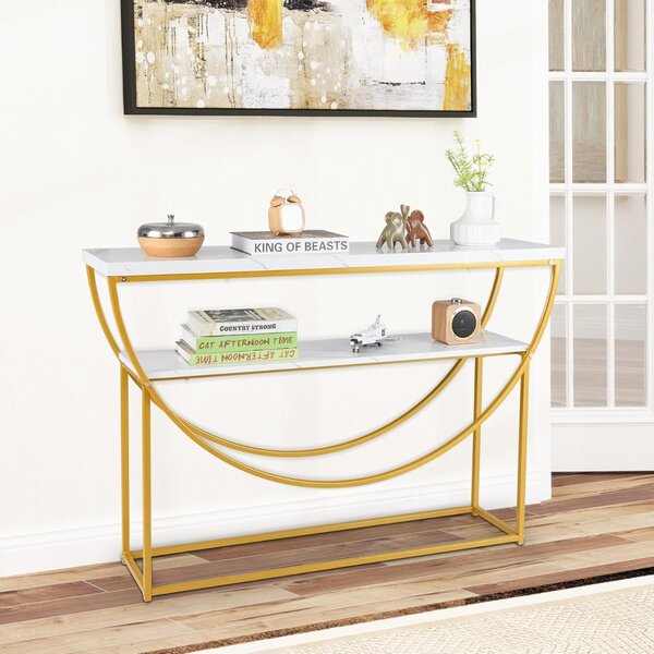 Costway Tavolo console a 2 ripiani con piano in marmo finto, Tavolo da divano extra lungo con struttura in metallo resistente Bianco + Oro