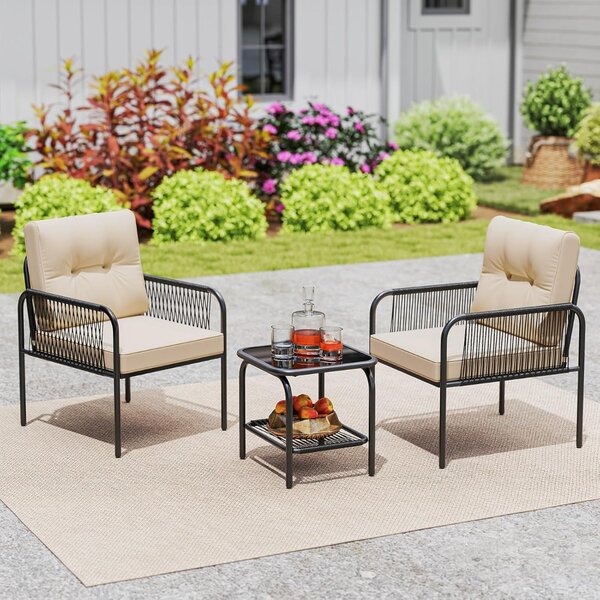 Costway Set di mobili in rattan con tavolo in vetro temperato per esterni per veranda, Set bistro da Patio 3 pezzi Nero+ Beige