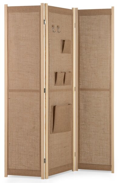 Costway Paravento in lino finto a 4 pannelli con tasche di stoccaggio, Schermo di privacy pieghevole con ganci Beige