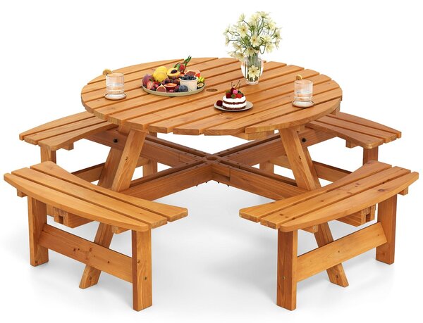 Costway Set tavolo da picnic rotondo per 8 persone, Tavolo da pranzo circolare con 4 panchine Giallo
