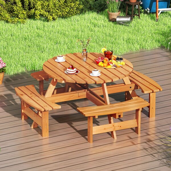 Costway Set tavolo da picnic rotondo per 8 persone, Tavolo da pranzo circolare con 4 panchine Giallo