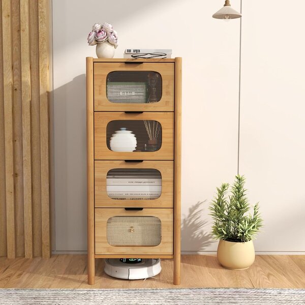 Costway Mobile di stoccaggio in bambù con cassetti in vetro temperato pannellato, Mobile di stoccaggio a 4 cassetti Naturale