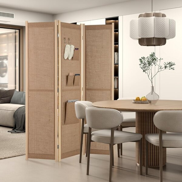 Costway Paravento in lino finto a 4 pannelli con tasche di stoccaggio, Schermo di privacy pieghevole con ganci Beige