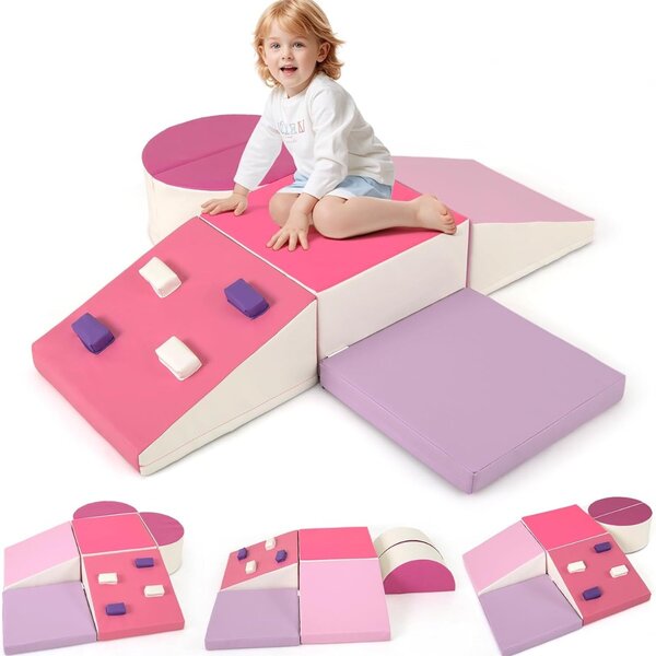 Costway Set di blocchi da arrampicata in schiuma da 6 pezzi, Set di arrampicata morbido leggero per interni con chiusure a velcro Rosa