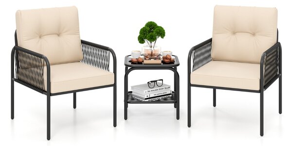 Costway Set di mobili in rattan con tavolo in vetro temperato per esterni per veranda, Set bistro da Patio 3 pezzi Nero+ Beige