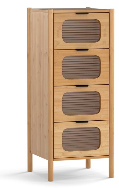 Costway Mobile di stoccaggio in bambù con cassetti in vetro temperato pannellato, Mobile di stoccaggio a 4 cassetti Naturale