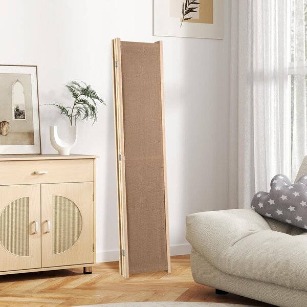 Costway Paravento in lino finto a 4 pannelli con tasche di stoccaggio, Schermo di privacy pieghevole con ganci Beige