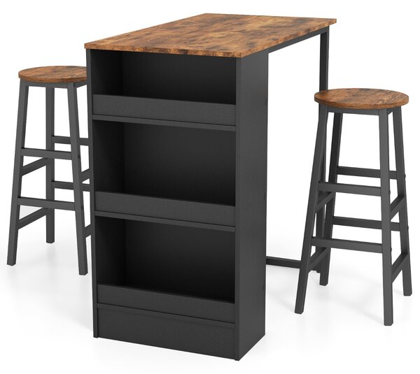 Costway Set da tavolo da pranzo a 3 pezzi con struttura in metallo robusto, Tavolo da bistro con altezza da bancone di 91,5 cm e 3 ripiani di stoccaggio & 2 sgabelli Marrone + Nero