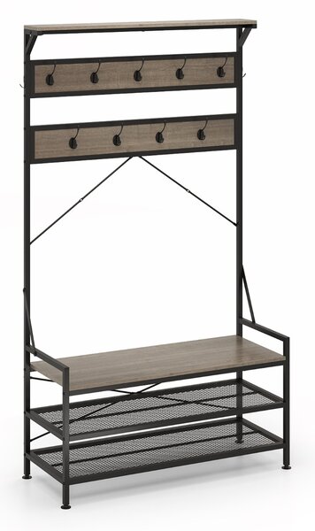 Costway Appendiabiti albero da ingresso 4-in-1 con 11 ganci, Panca per scarpe scarpiera a 2 ripiani Grigio