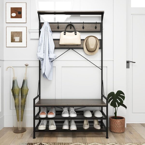 Costway Appendiabiti albero da ingresso 4-in-1 con 11 ganci, Panca per scarpe scarpiera a 2 ripiani Grigio