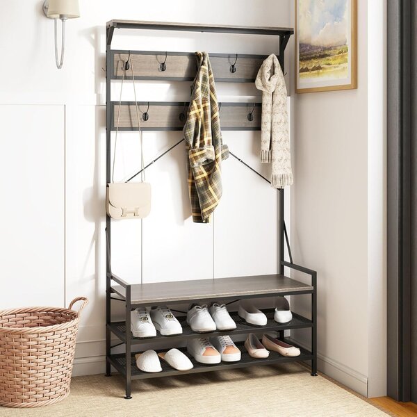 Costway Appendiabiti albero da ingresso 4-in-1 con 11 ganci, Panca per scarpe scarpiera a 2 ripiani Grigio