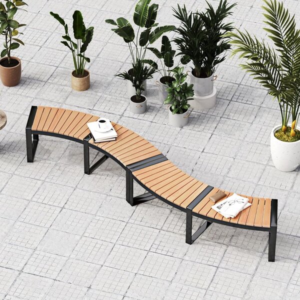 Costway Panca curvata da patio per 2 persone da esterno, Panca in legno di acacia con seduta a listelli e gambe in metallo 2 pezzi Marrone Nero
