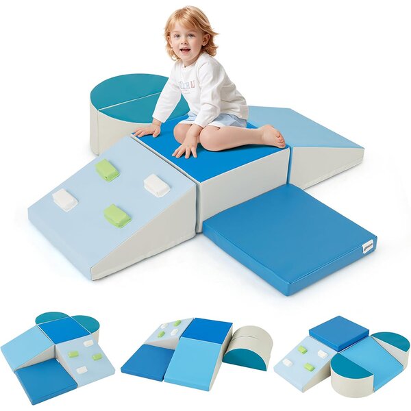 Costway Set di blocchi da arrampicata in schiuma da 6 pezzi con chiusure a velcro, Set morbido leggero per arrampicare e strisciare Blu