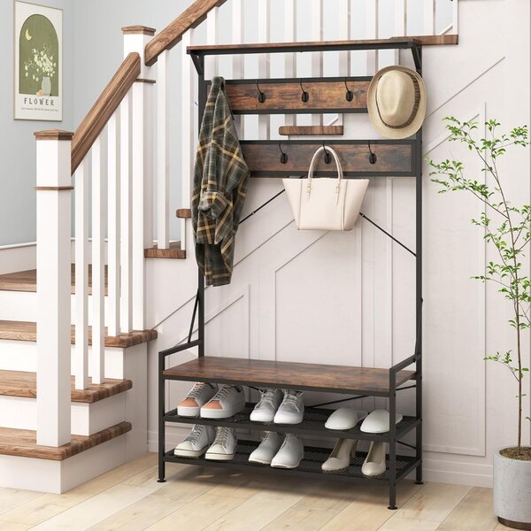 Costway Appendiabiti albero da ingresso 4-in-1 con 11 ganci, Panca per scarpe scarpiera a 2 ripiani Marrone