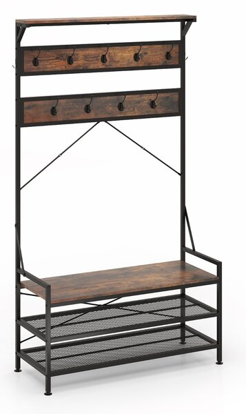 Costway Appendiabiti albero da ingresso 4-in-1 con 11 ganci, Panca per scarpe scarpiera a 2 ripiani Marrone