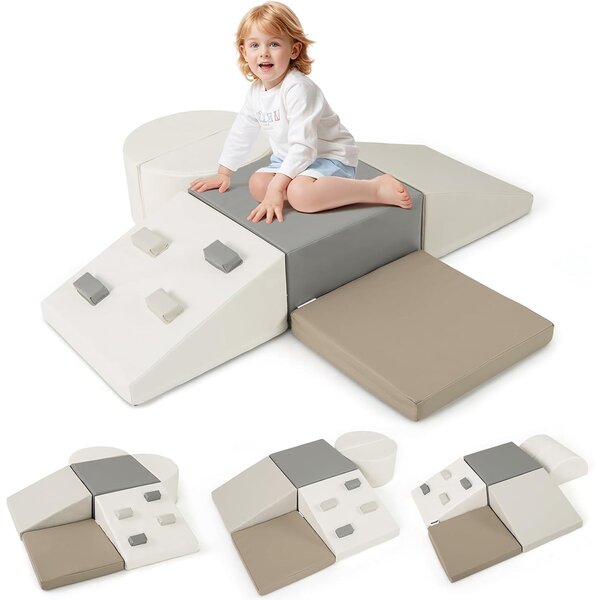 Costway Set di blocchi da arrampicata in schiuma da 6 pezzi con chiusure a velcro, Set morbido leggero per arrampicare e strisciare Bianco+Grigio