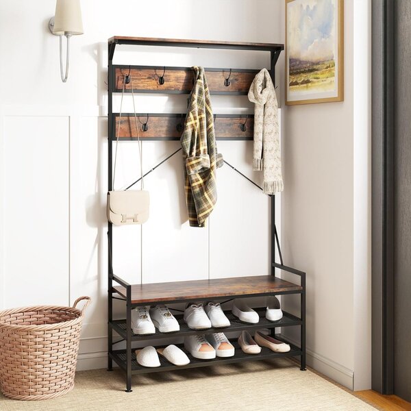 Costway Appendiabiti albero da ingresso 4-in-1 con 11 ganci, Panca per scarpe scarpiera a 2 ripiani Marrone