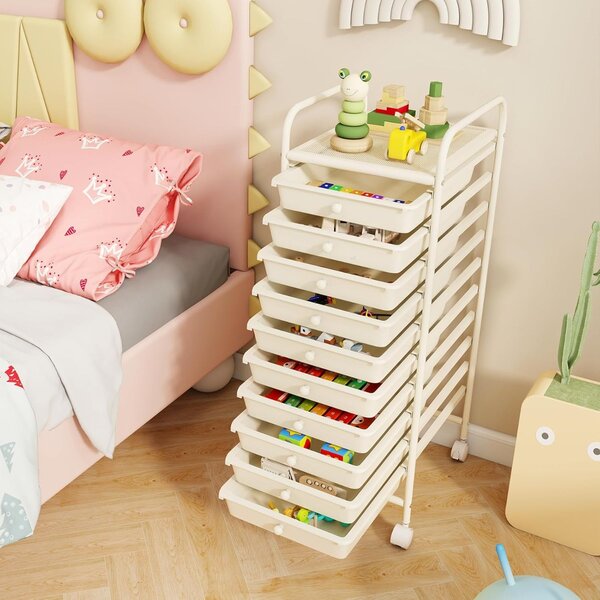 Costway Carrello cassettiera multiuso con 10 cassetti da cucina, Contenitore con ruote a 10 ripiani per bagno Bianco
