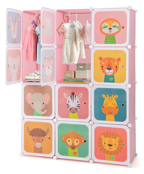 Costway Armadio portatile per bambini, Armadio con 12 cubi con 2 sezioni appendibili comò con cartoon Rosa