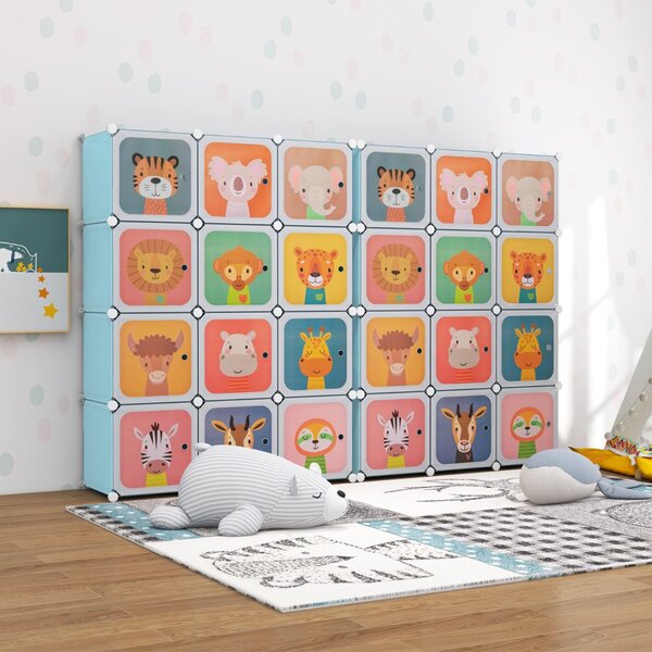 Costway Armadio portatile per bambini, Armadio con 12 cubi con 2 sezioni appendibili comò con cartoon Blu