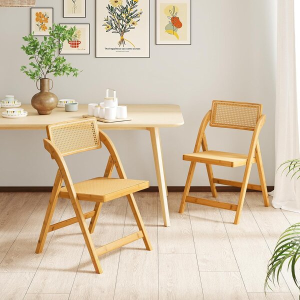 Costway Sedie da pranzo in bambù laterali per cucina con schienale rotante, Set di 2 sedie pieghevoli in rattan Naturale