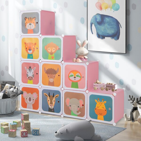Costway Armadio portatile per bambini, Armadio con 12 cubi con 2 sezioni appendibili comò con cartoon Rosa