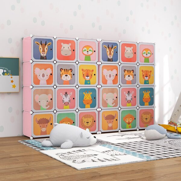 Costway Armadio portatile per bambini, Armadio con 12 cubi con 2 sezioni appendibili comò con cartoon Rosa
