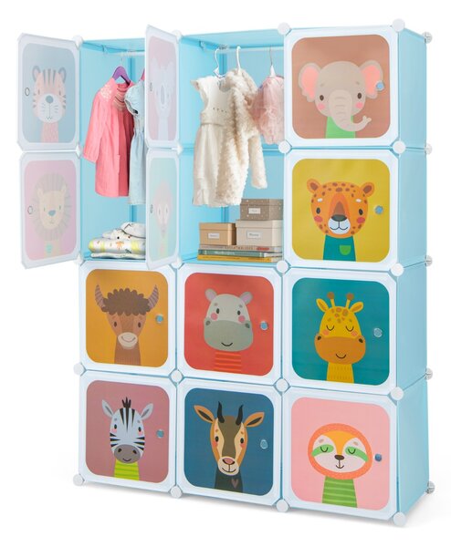 Costway Armadio portatile per bambini, Armadio con 12 cubi con 2 sezioni appendibili comò con cartoon Blu