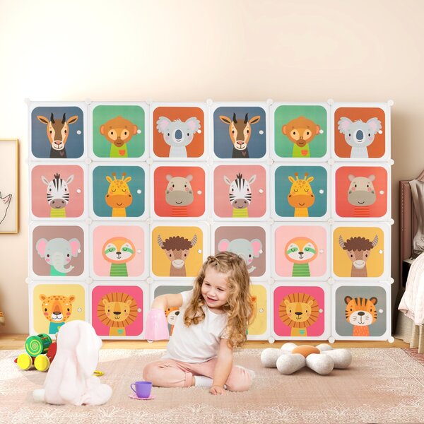 Costway Armadio portatile per bambini, Armadio con 12 cubi con 2 sezioni appendibili comò con cartoon Bianco