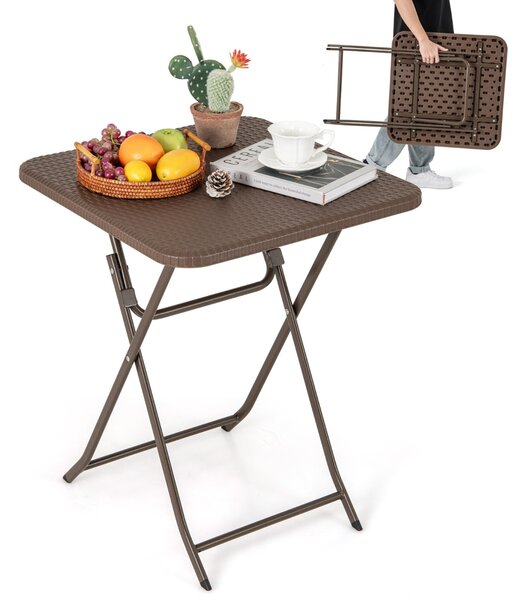 Costway Tavolo da pranzo per interni ed esterni con piano in rattan, Tavolo pieghevole quadrato 60 cm Caffè