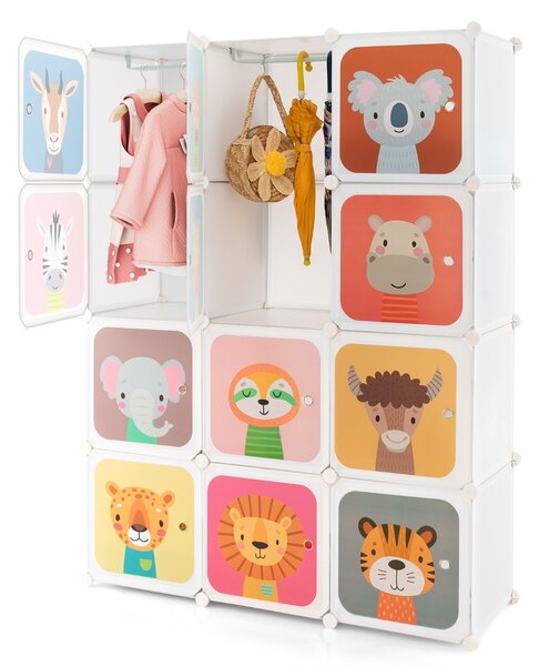 Costway Armadio portatile per bambini, Armadio con 12 cubi con 2 sezioni appendibili comò con cartoon Bianco