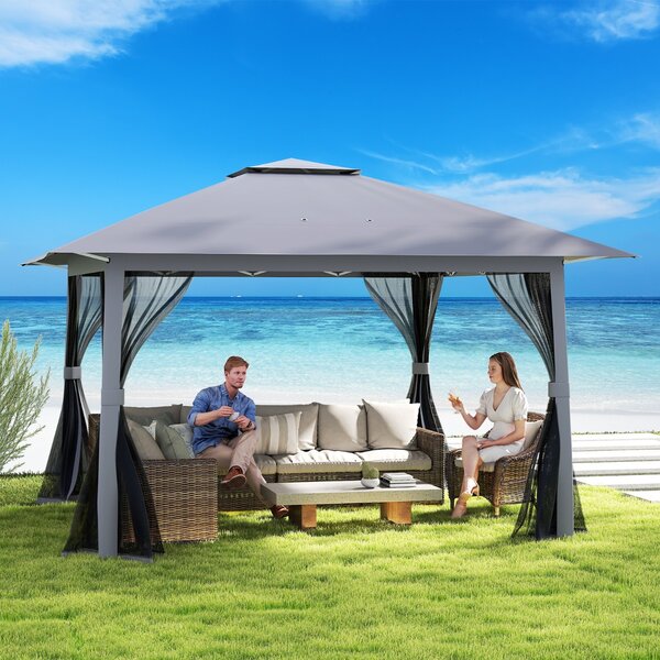 Costway Tenda da esterno pieghevole con zanzariera e tetto doppio, Riparo parasole per patio giardino 394 x 394 cm Grigio