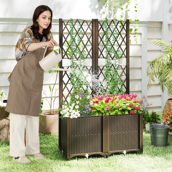 Costway Letto da giardino elevato con trellis a lattice per piante rampicanti, Letto da giardino di altezza per interni Caffè