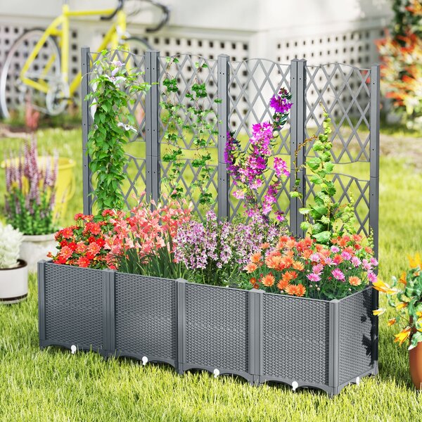 Costway Letto da giardino elevato con trellis a lattice per piante rampicanti, Letto da giardino di altezza per interni Grigio