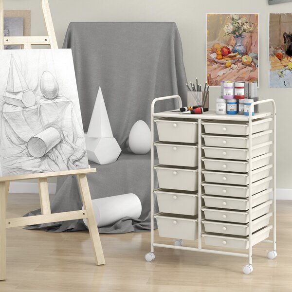 Costway Carrello con 15 cassetti estraibili e ruote con freno, Carrello multiuso per casa ufficio scuola Bianco
