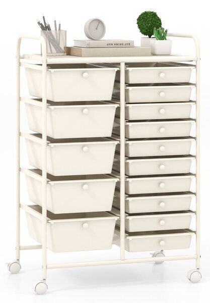 Costway Carrello con 15 cassetti estraibili e ruote con freno, Carrello multiuso per casa ufficio scuola Bianco