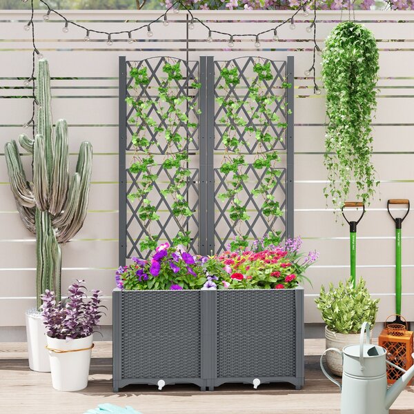 Costway Letto da giardino elevato con trellis a lattice per piante rampicanti, Letto da giardino di altezza per interni Grigio